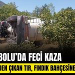 Bolu'da kontrolden çıkan tır fındık bahçesine devrildi