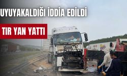 TEM’de sürücüsünün uyuduğu iddia edilen buğday yüklü tır devrildi