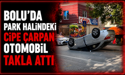 Bolu’da park halindeki cipe çarpan otomobil takla attı