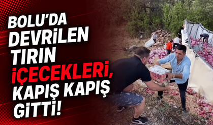Bolu'da devrilen tırın içecekleri kapış kapış toplandı