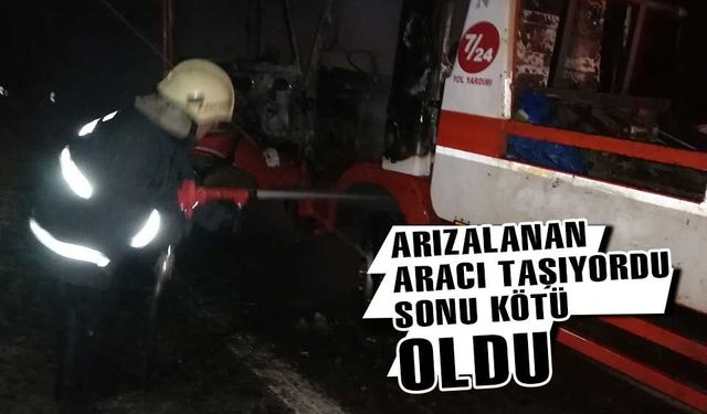 Bolu’da araç taşıyan çekici, alev alev yandı