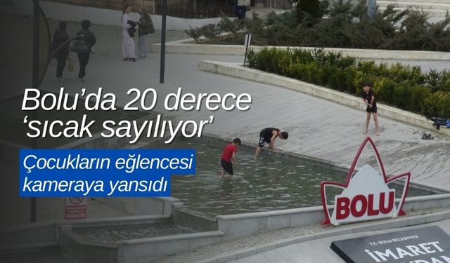 Bolu’da, serin havaya rağmen, çocuklar süs havuzuna girdi