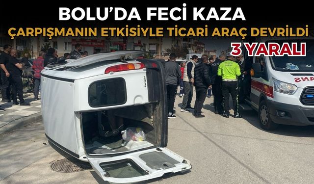 Otomobille çarpışan ticari araç yola devrildi: 3 yaralı