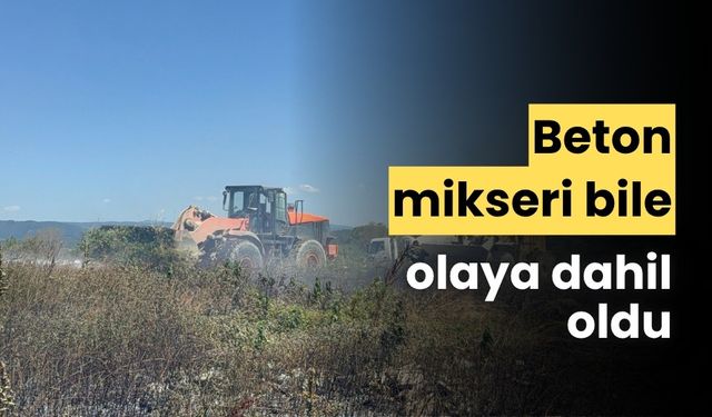 Otluk alanda çıkan yangına, beton mikseri ve iş makineleri müdahale etti