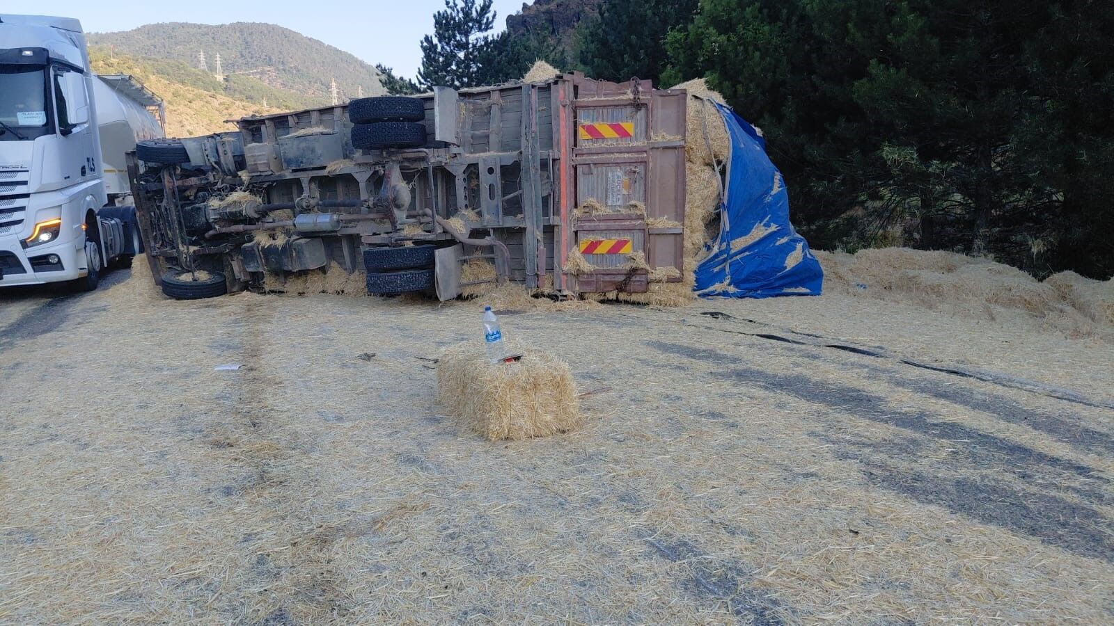 İki Kamyon Kafa Kafaya Çarpıştı Samanlar Yola Saçıldı, 2 Yaralı (3)