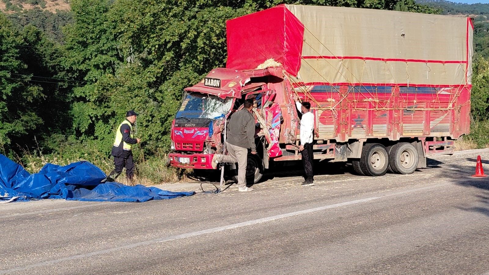İki Kamyon Kafa Kafaya Çarpıştı Samanlar Yola Saçıldı, 2 Yaralı (4)